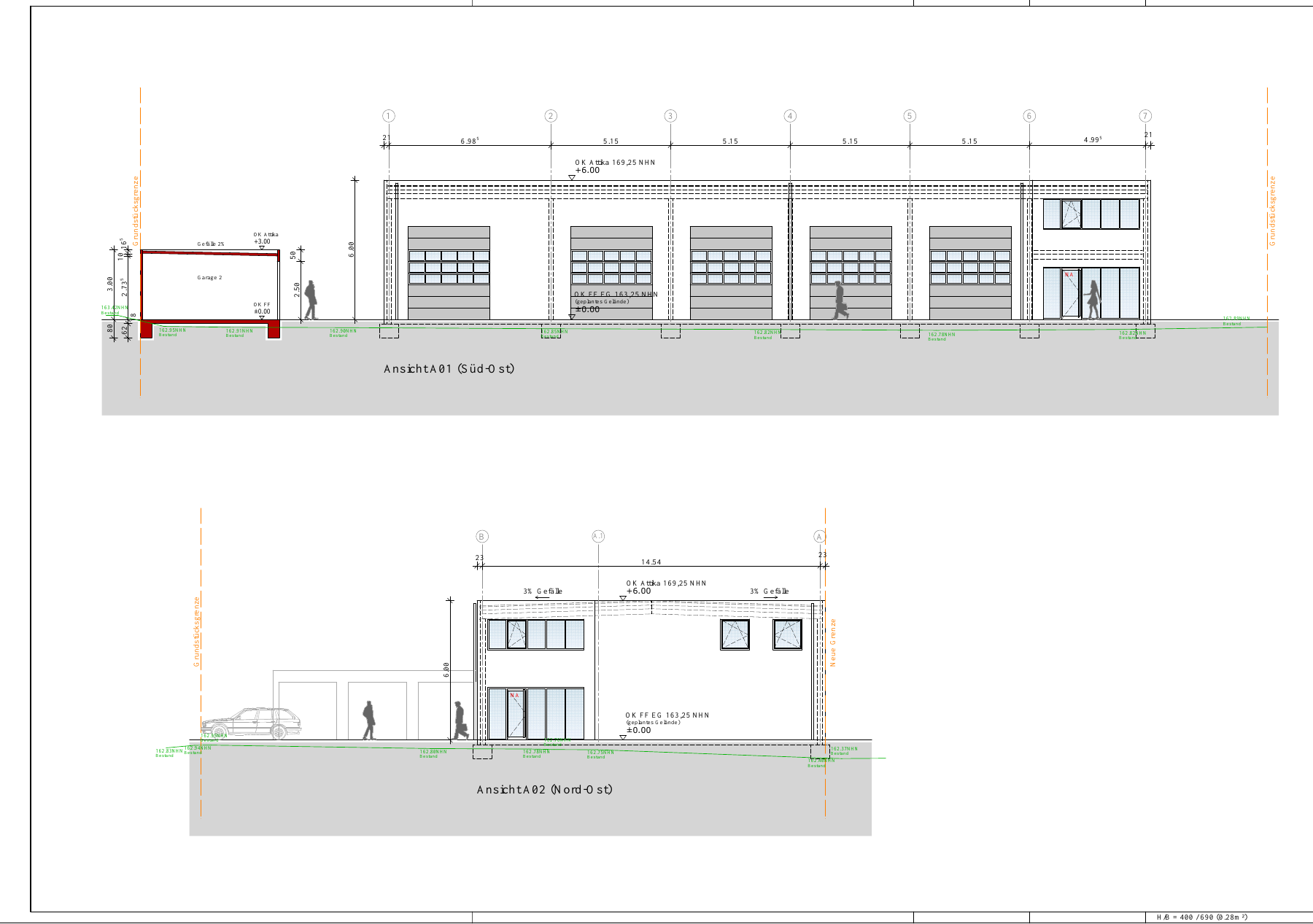 Plan der neuen Halle: Ansicht A01 von Süd-Ost mit fünf Hallentoren und Ansicht A02 von Nord-Ost