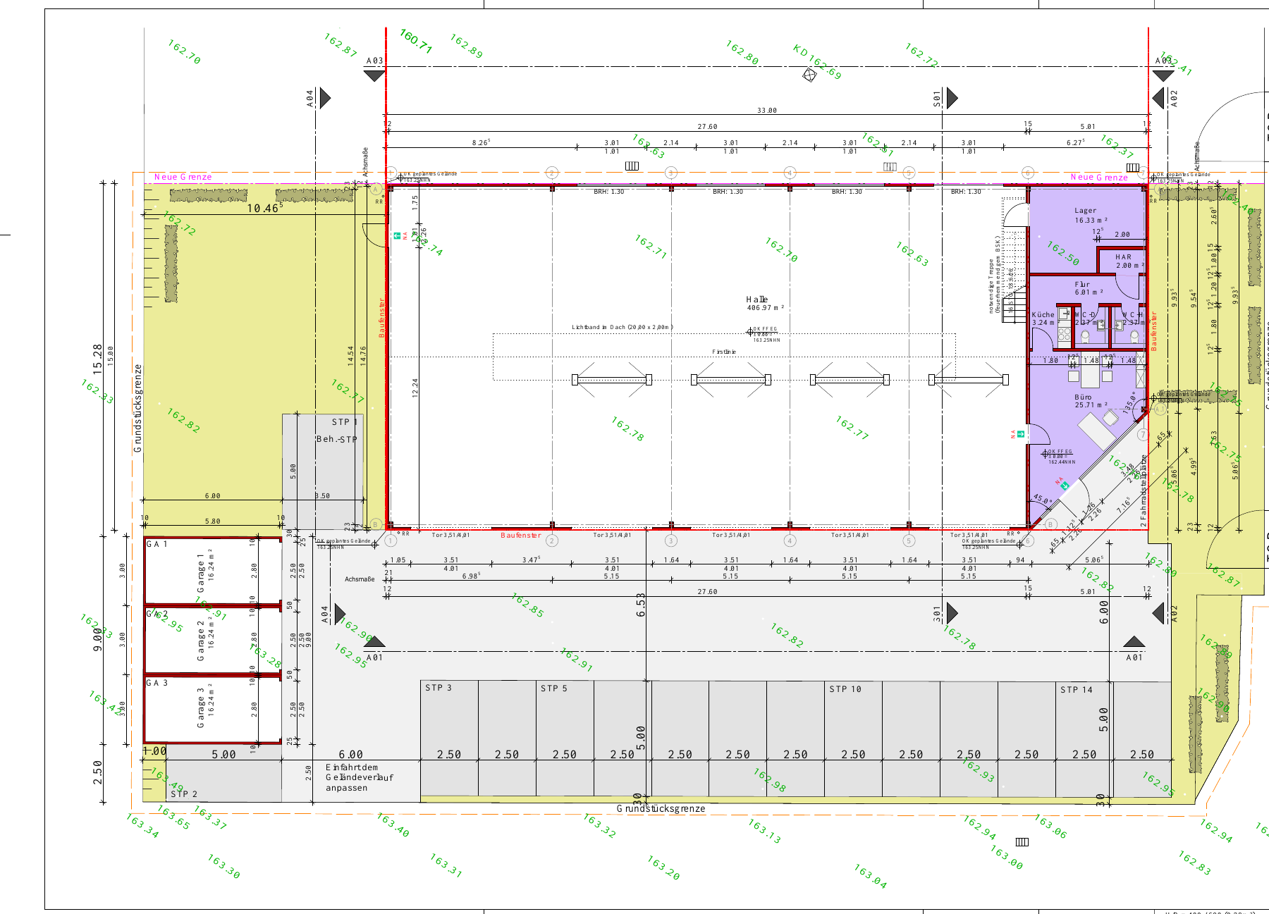 Erdgeschoss-Grundriss mit 406,97 Quadratmetern Halle, Büro, Lager, Nebenräumen und Stellplätzen